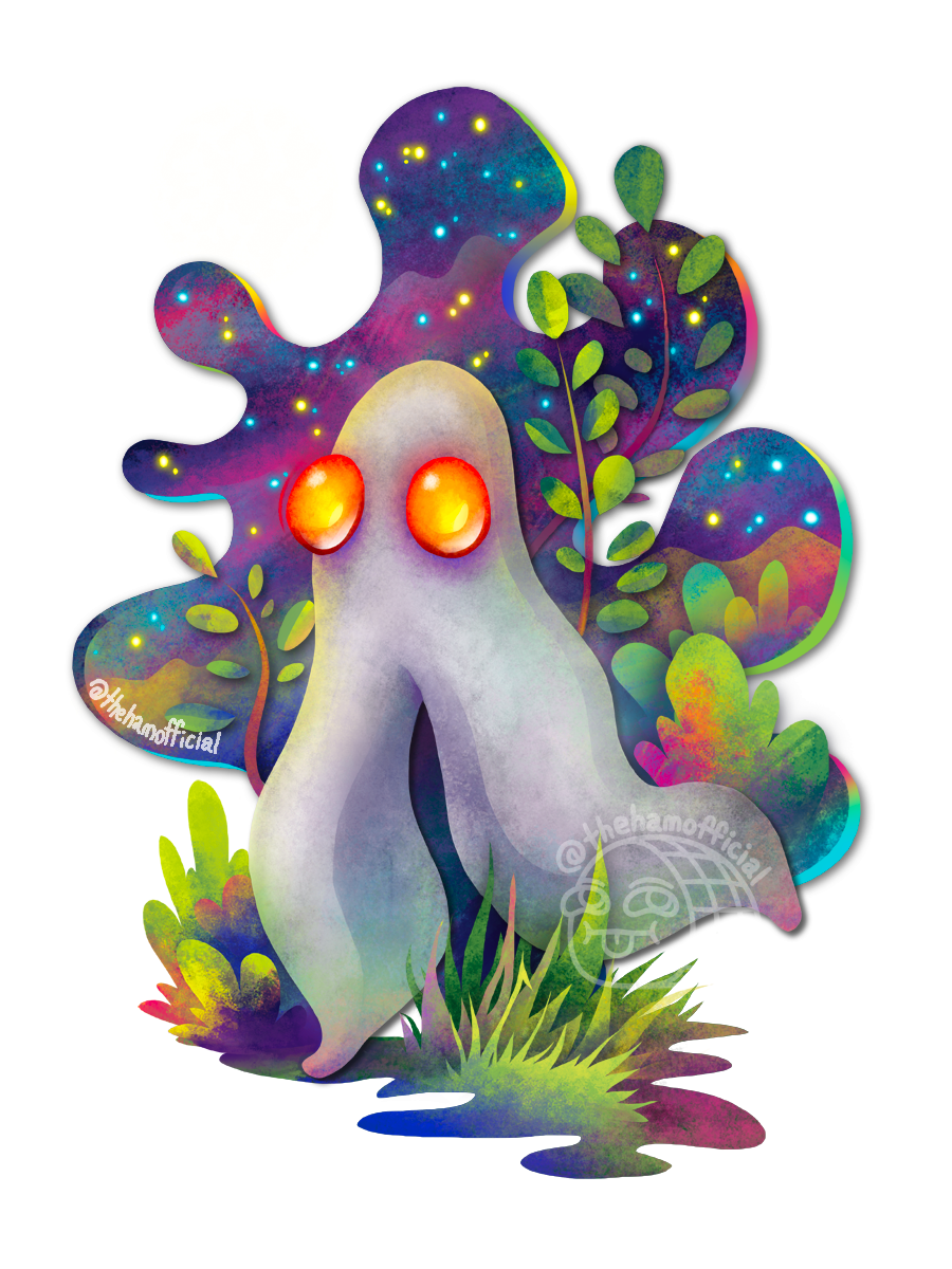 Illustration of a creature (fresno nightcrawler) that is basically just a white pair of legs and a head at the top with red eyes. It is running along some colorful grass, leaves and foliage, against an abstract blob of night sky.