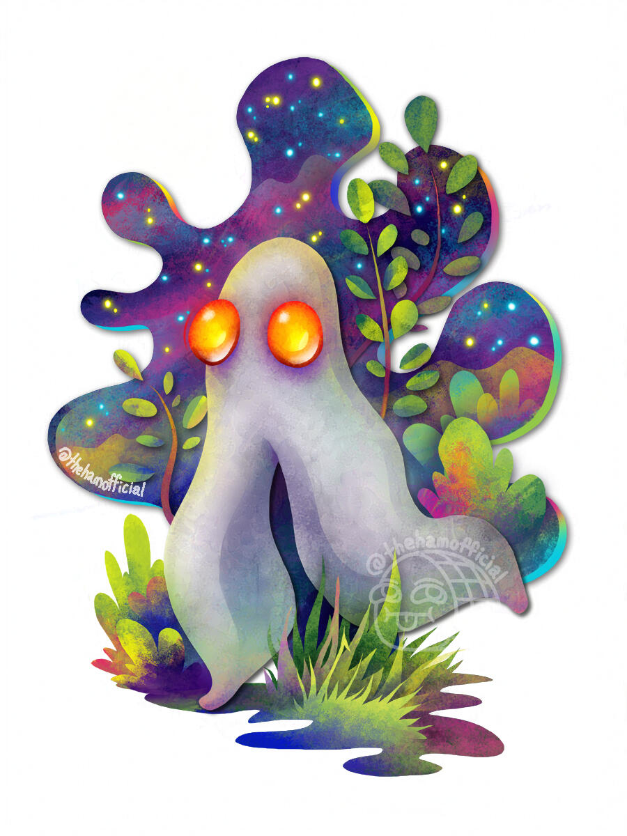 Illustration of a creature (fresno nightcrawler) that is basically just a white pair of legs and a head at the top with red eyes. It is running along some colorful grass, leaves and foliage, against an abstract blob of night sky.